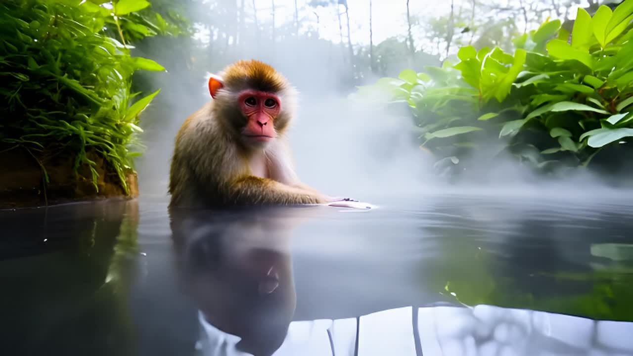 一只日本猴子在冒着热气的温泉中休息，周围是茂密的绿
