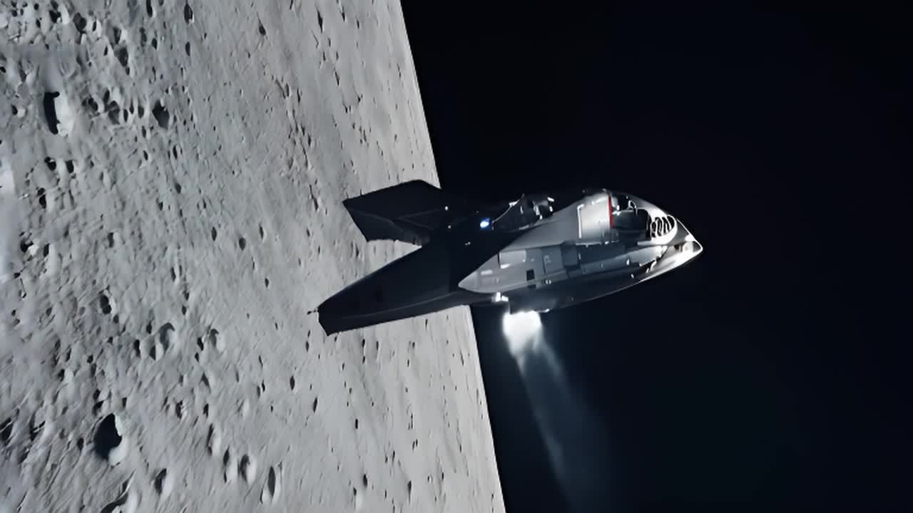 一艘宇宙飞船从月球表面起飞。随着它上升，镜头环绕着