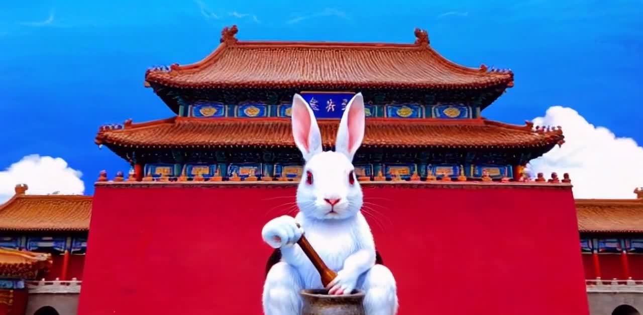一只白色的兔子坐在一个罐子旁，它的一只爪子拿着一根