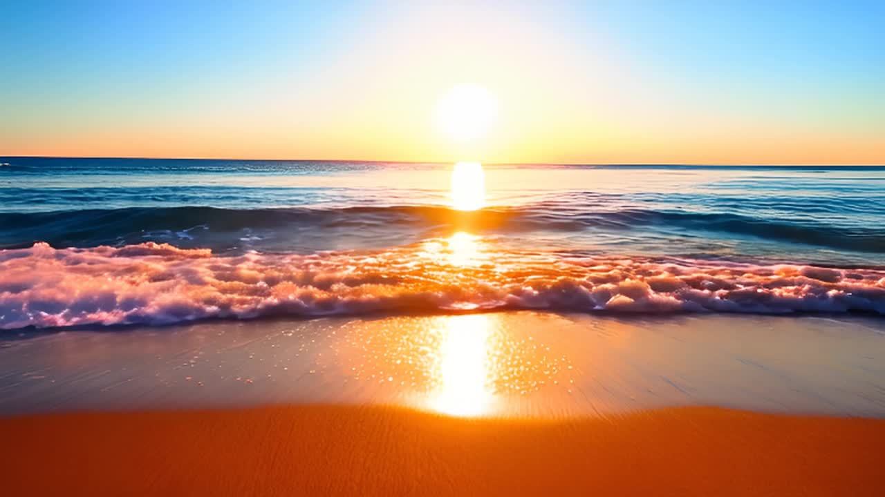 海浪轻柔地拍打着沙滩。太阳的光芒洒在海面上，反射出温暖的金色光芒。细腻的海泡沫缓缓地在沙滩上滑动。这个宁静而沉思的场景象征着和平与自然节奏，让人感受到放松和被引领的感觉。天空晴朗，从蓝色渐变为橙色和粉色，色彩鲜明而热烈。