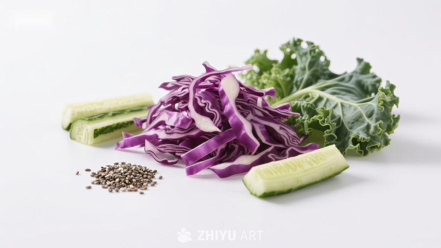 新鲜蔬菜组合：紫甘蓝、黄瓜和羽衣甘蓝