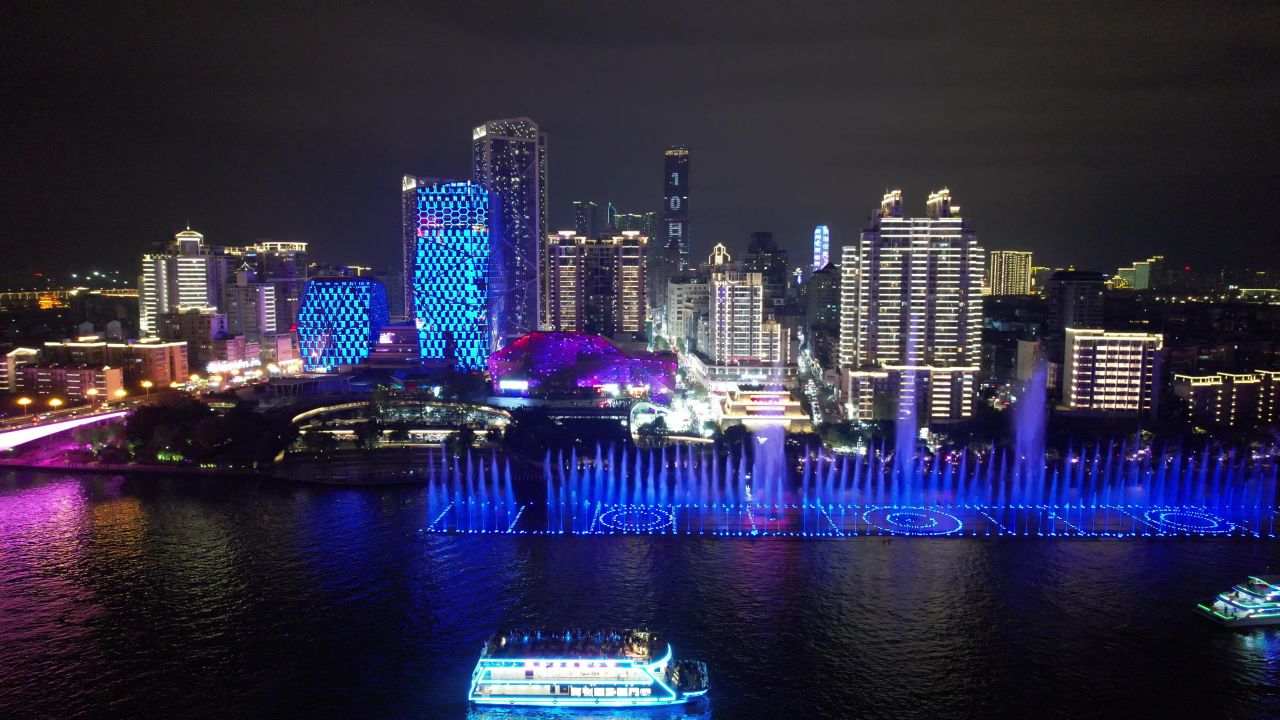  广西柳州音乐喷泉夜景航拍