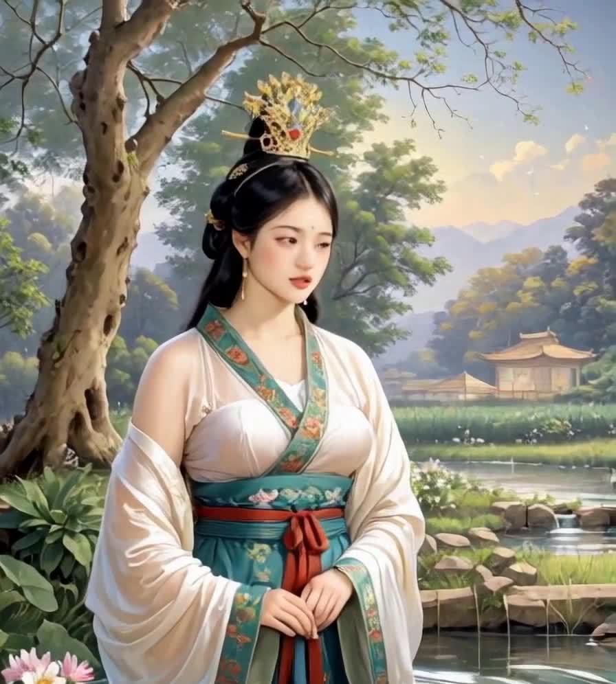 一位穿着古装的女子站在室外。女子穿着白色外衫，内搭