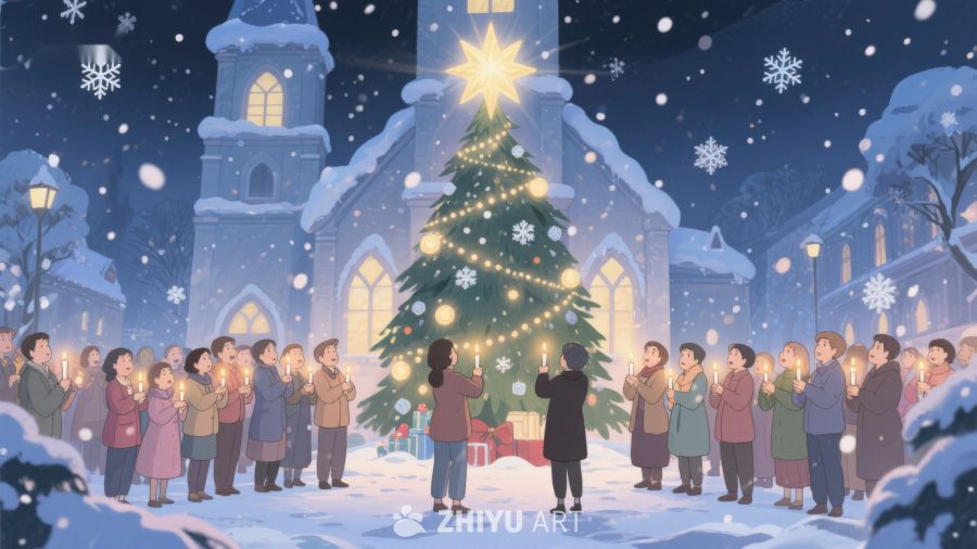 雪夜教堂前的圣诞树与人群 362