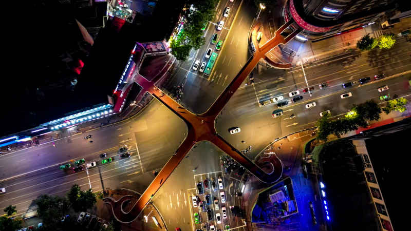 航拍城市夜景交通人行天桥  