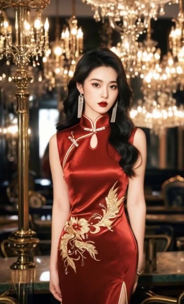一位女性身着红色旗袍，旗袍上有金色花卉图案。她佩戴