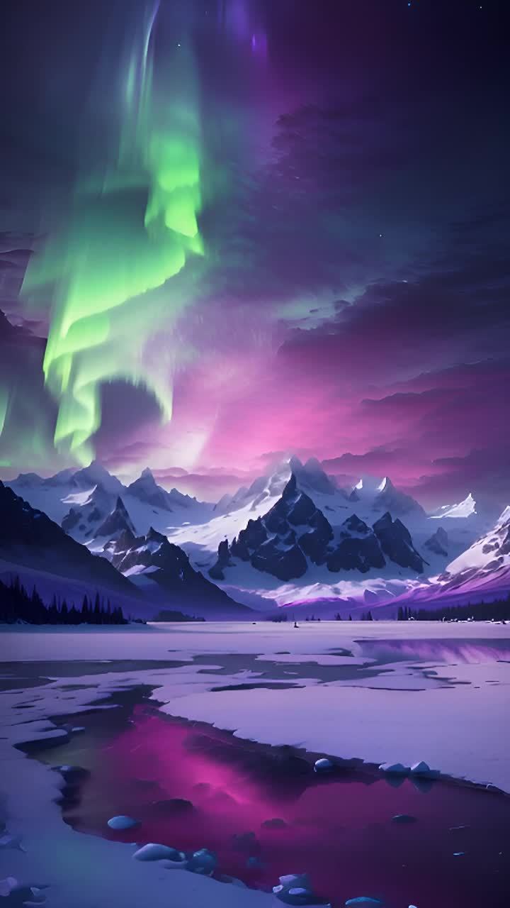 壮丽的山脉被冰雪覆盖，在绚烂多彩的极光天空中巍然升