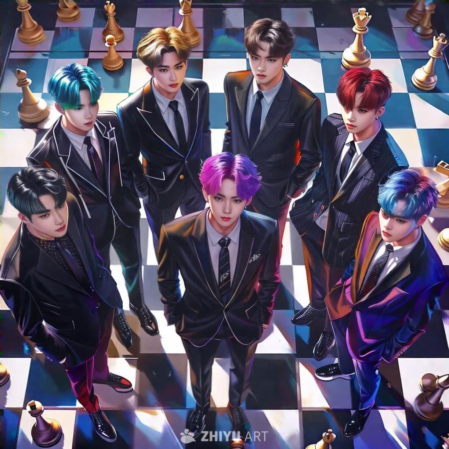 七个穿着现代西装的韩国男孩站在一个国际象棋棋盘上，