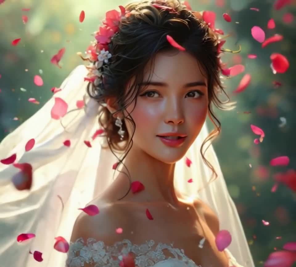 一位身穿白色婚纱的年轻女子，头戴鲜花，面带微笑。她