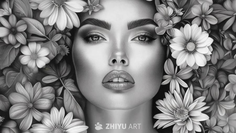 一位女性的黑白肖像，周围环绕着花朵和树叶。她直视前