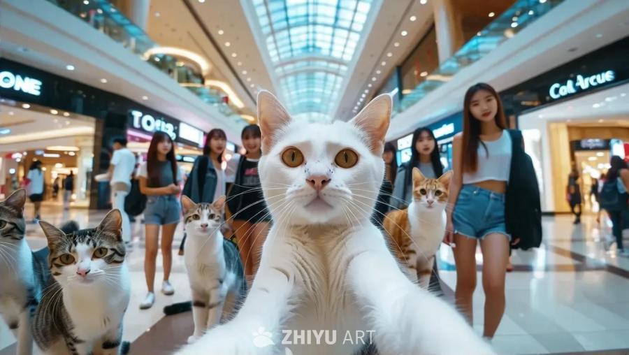 一只白色小猫，穿着短裤，和她的猫朋友们在购物中心自