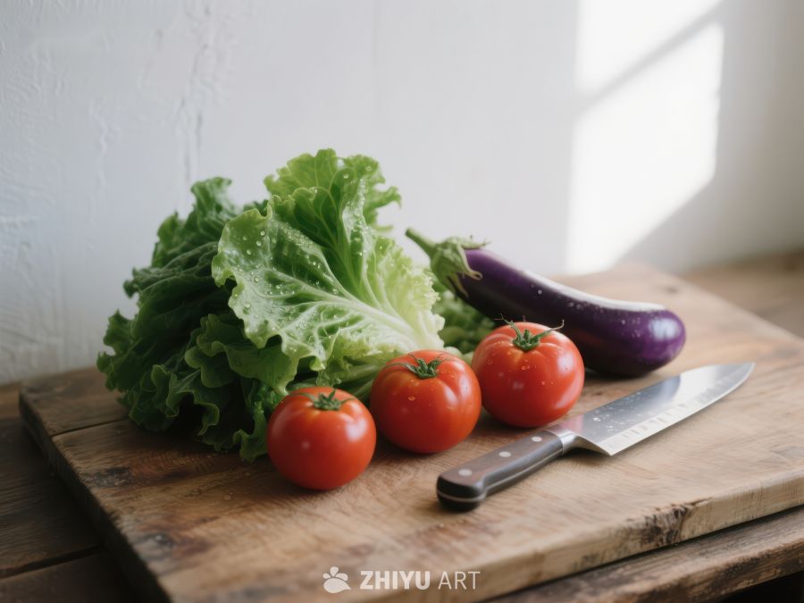 新鲜蔬菜与刀具置于木制砧板上 695