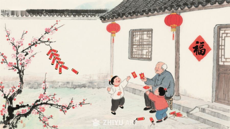 春节温馨场景：老人与孩子互赠红包 129