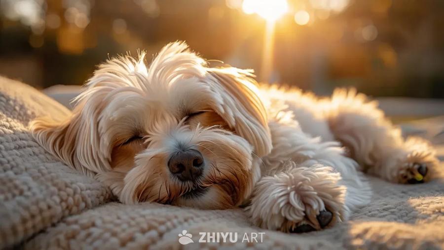 一只马耳他犬躺在米色毯子上睡觉，阳光照耀在它的身后