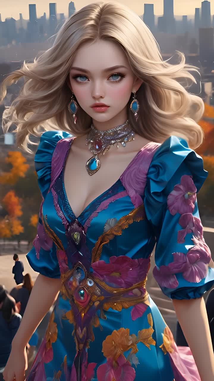 一个有着金色波浪长发的女性，戴着蓝色的耳环和项链，