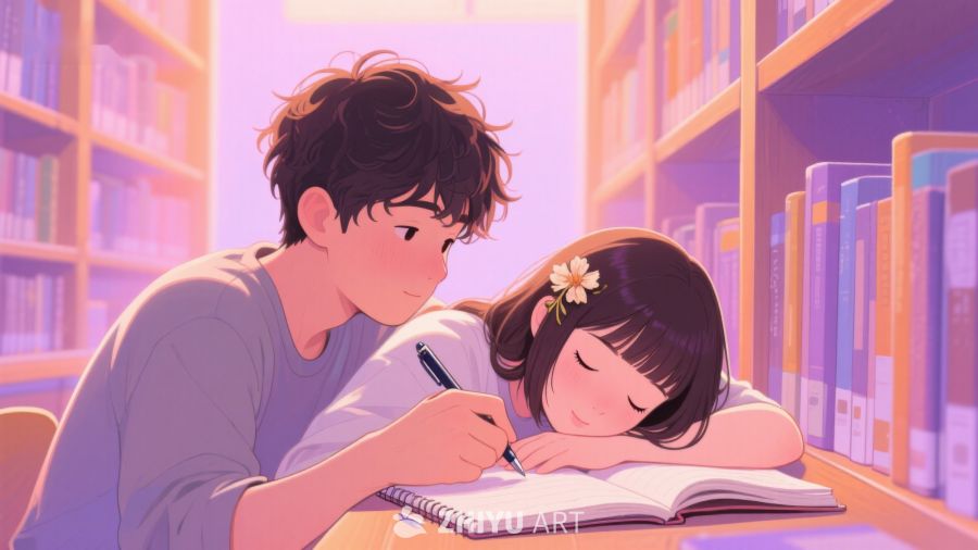 图书馆中温馨学习的两人 342