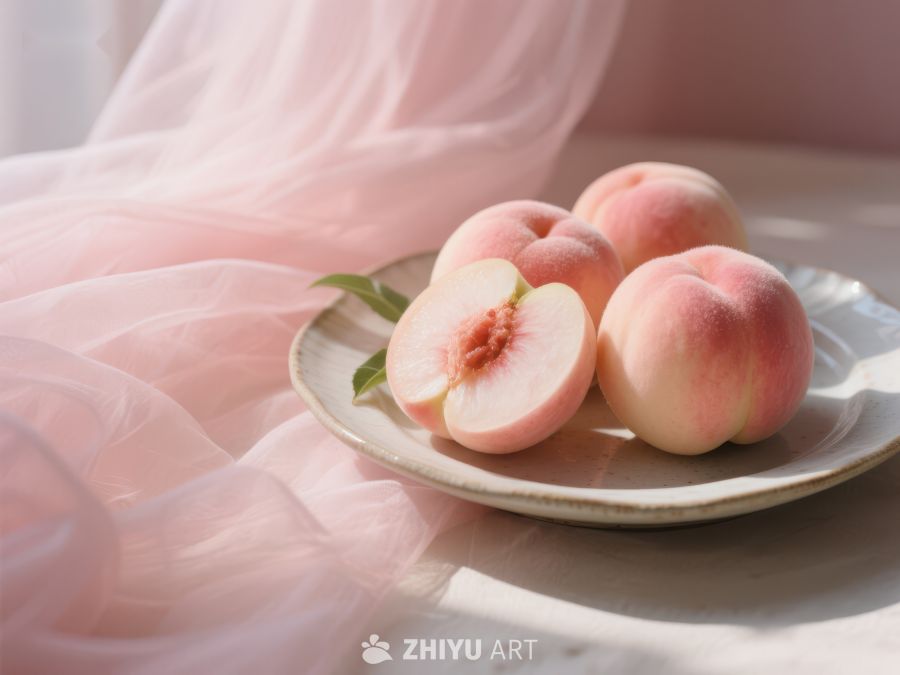 盘中新鲜桃子与柔美粉纱 323
