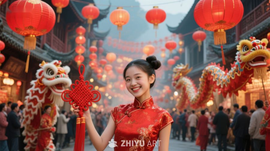 新春佳节，女子手持中国结欢庆 1020