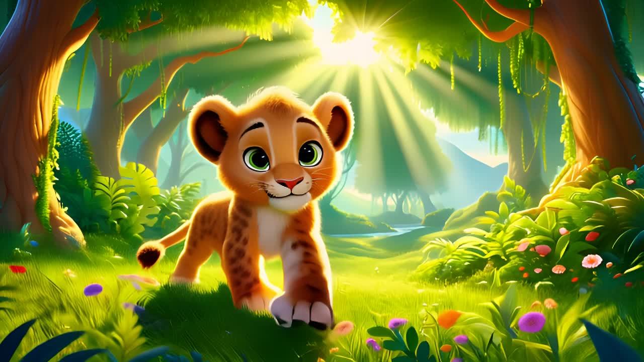 一只小狮子在草地上行走，背景是树木和阳光。地面上生