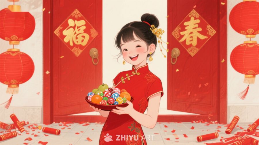 新春佳节，少女捧果迎福 1028