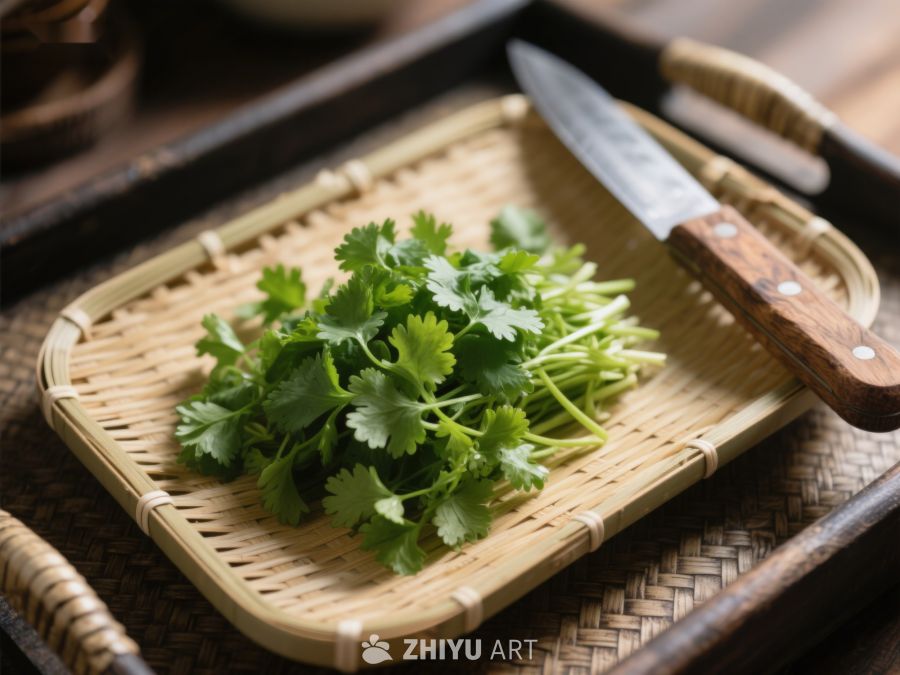 新鲜香菜置于竹篮，旁配刀具 545
