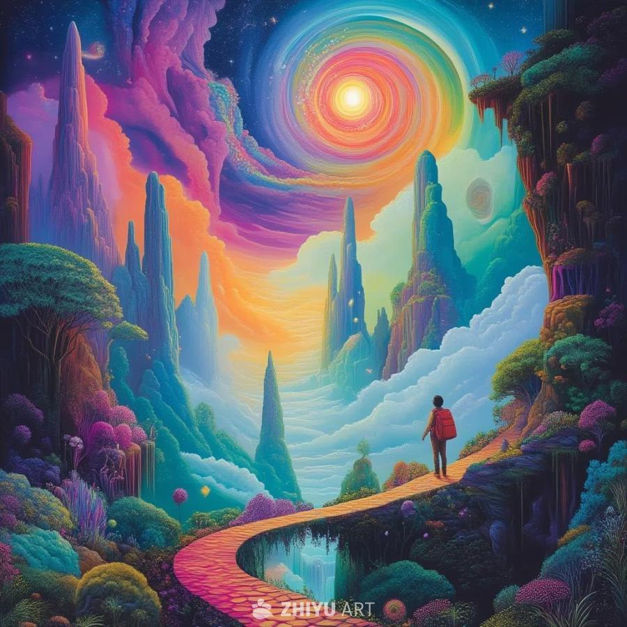 一个穿着红色外套的旅行者走在石砖铺成的道路上。道路