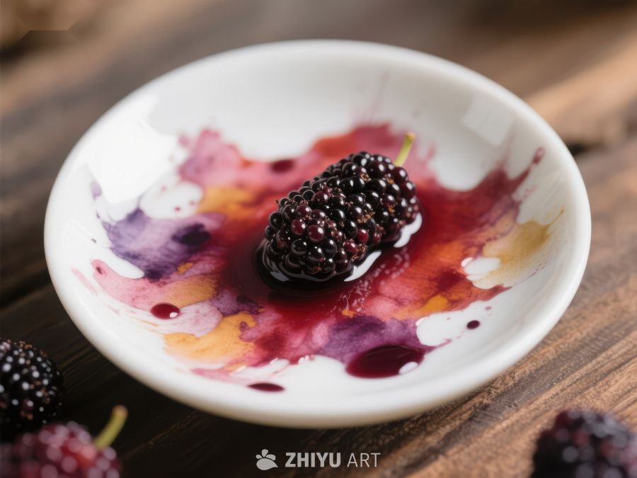 黑莓置于彩绘盘中，汁液四溢 221