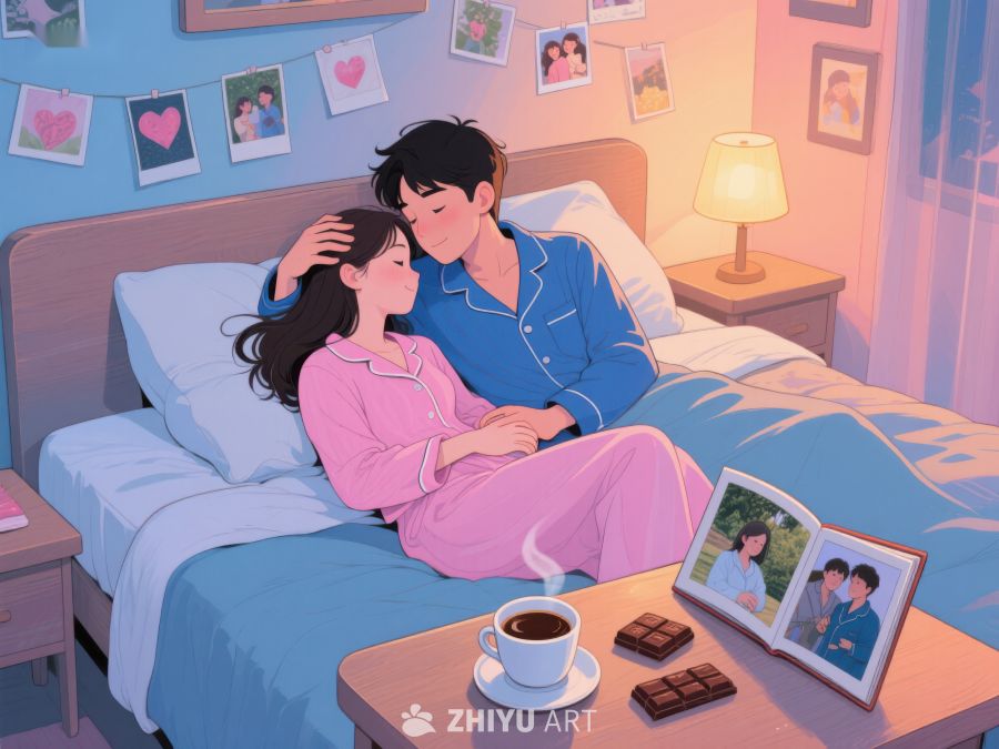 温馨夜晚，情侣床上共度时光 831