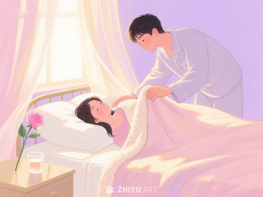 温馨床边，男子轻柔为女子盖被 737