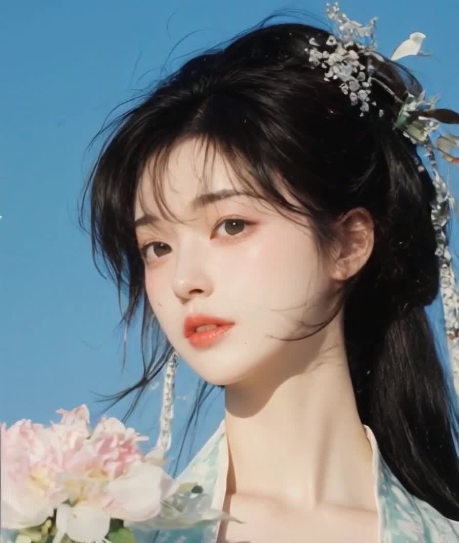 古装美女，头戴发饰，手持花束，蓝天背景。