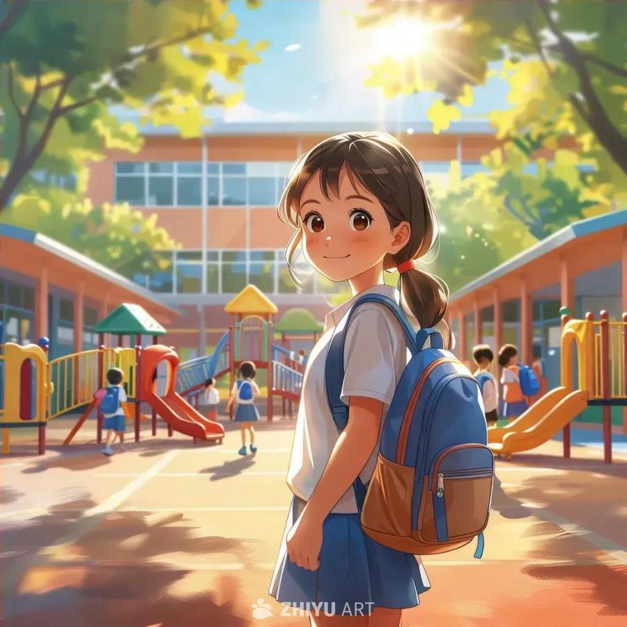 一个年轻女孩背着背包站在学校入口处。操场上充满了活