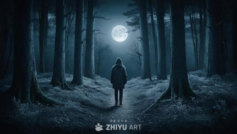 夜间的森林中，一位穿着带帽外套的人站在小路上，背对