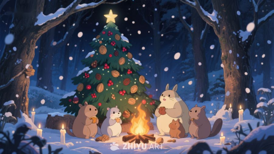 冬夜森林里的圣诞树与动物聚会 54