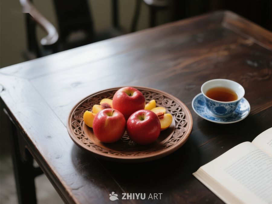 木桌上的苹果与茶杯 365