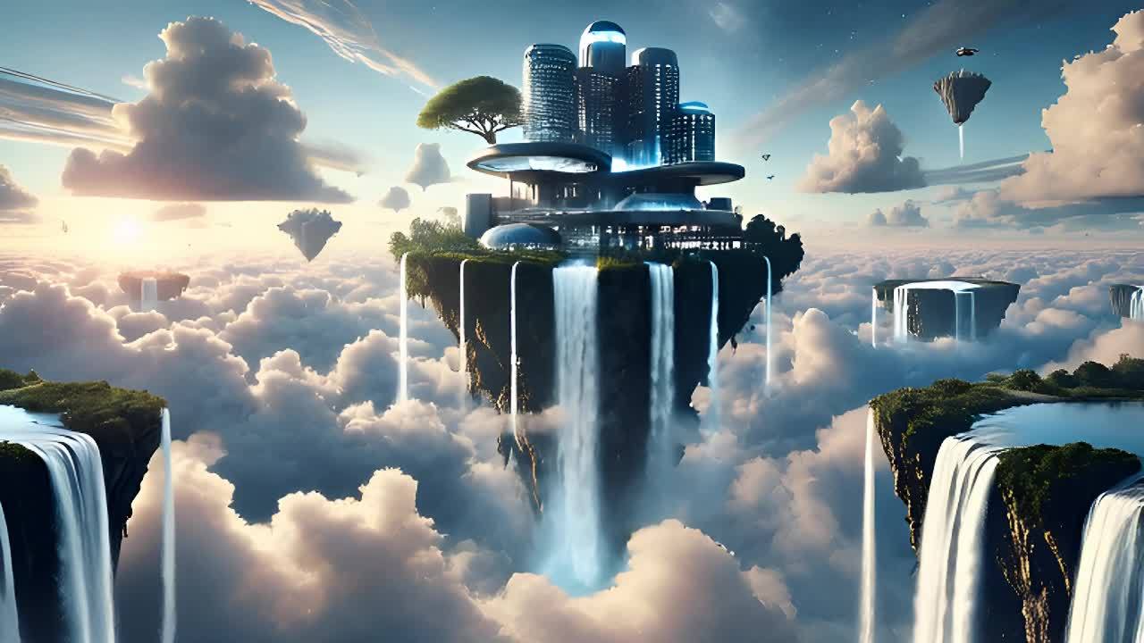 云层在天空飘动，瀑布从岩石上倾泻而下。镜头向前轻微