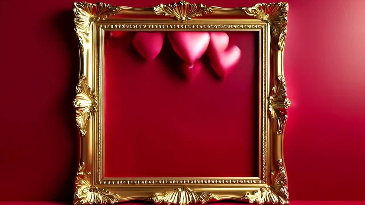 一个鲜红色的金色画框占据了画面，起初是空的。突然，