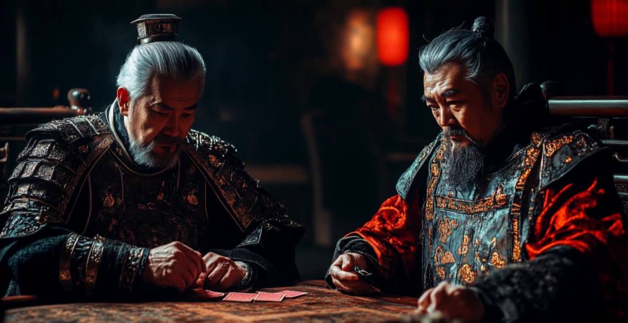 两位古装老人牌局对弈，神情专注细节拉近