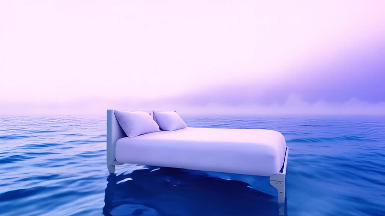 床上用品整洁地铺着，床头板简单而素雅。床周围的海浪轻柔地拍打着，与宁静的氛围相得益彰。天空被柔和的紫色所渲染，淡淡的雾气增添了一丝梦幻的感觉。从广角镜头来看，这张床仿佛漂浮在海面上，随着海浪轻轻摇曳。整个场景显得非常宁静和平和，让人感到放松和舒适。