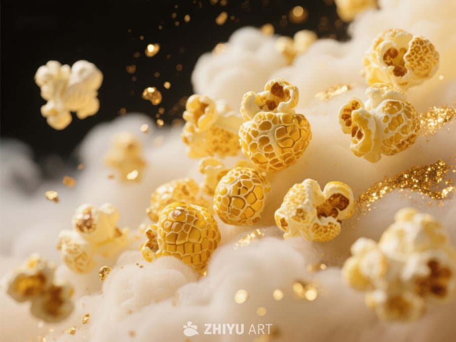金色爆米花在烟雾中飘散