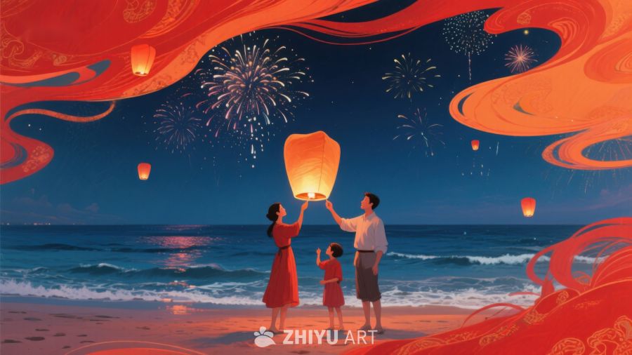 海边夜景：家人共放孔明灯 33
