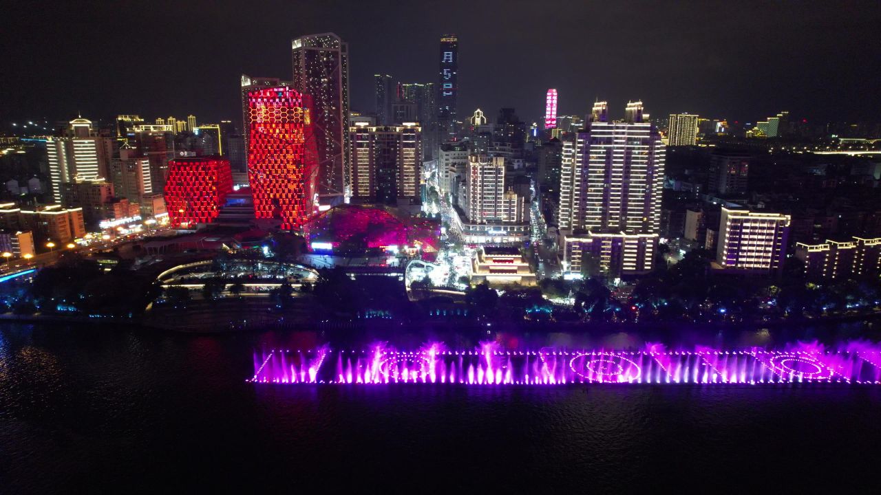  广西柳州音乐喷泉夜景航拍