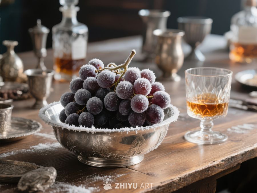 银碗中的糖霜葡萄与酒杯 750