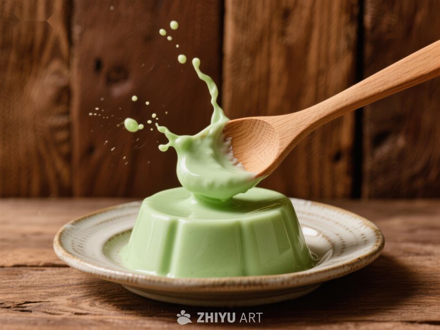 绿色布丁与木勺碰撞瞬间