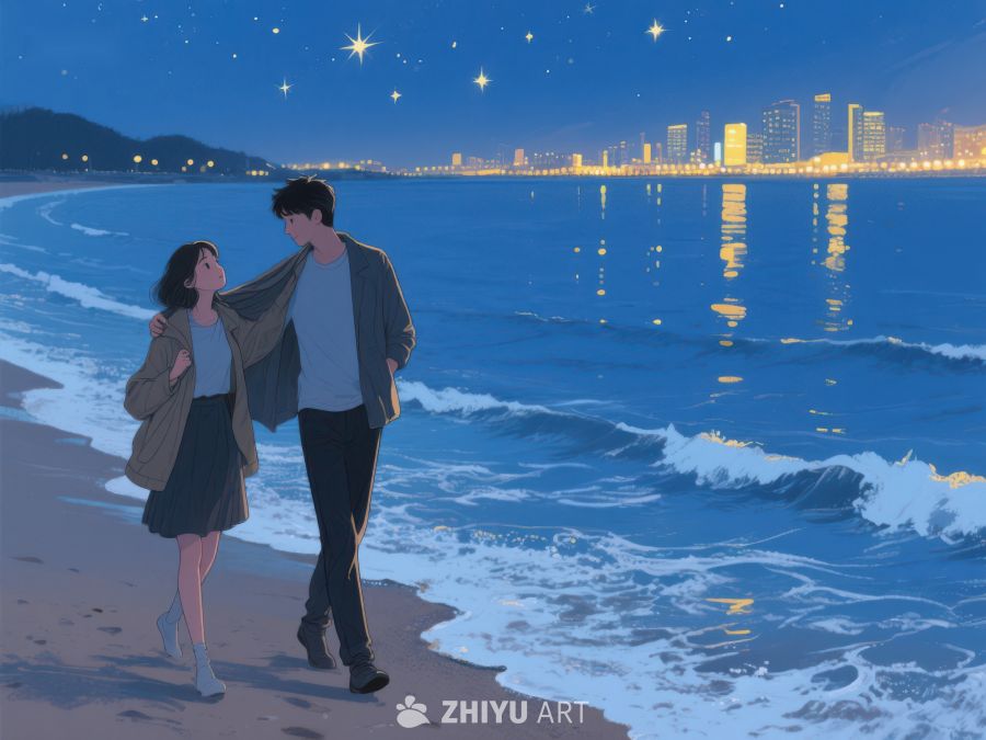 夜海边漫步的情侣 955