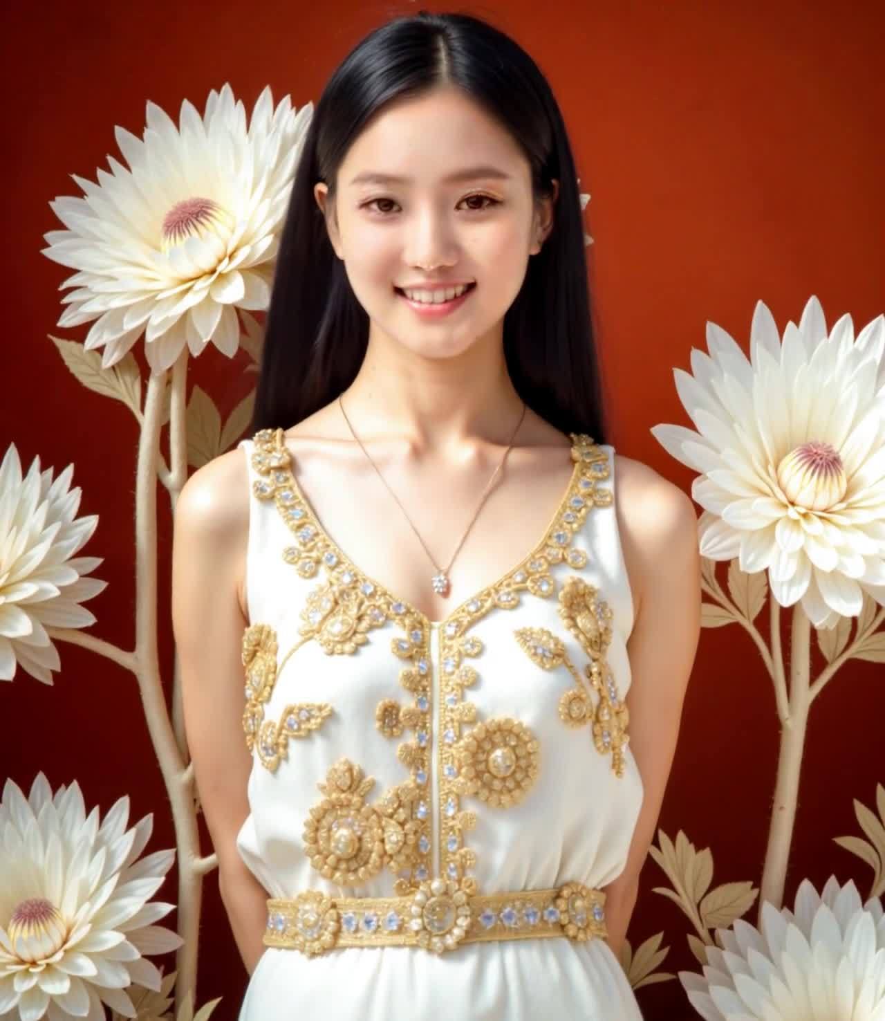 身着华服的亚洲女孩，白色花朵和红墙背景