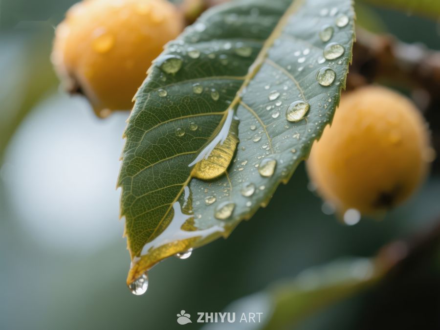 雨滴点缀的枇杷叶与果实 754