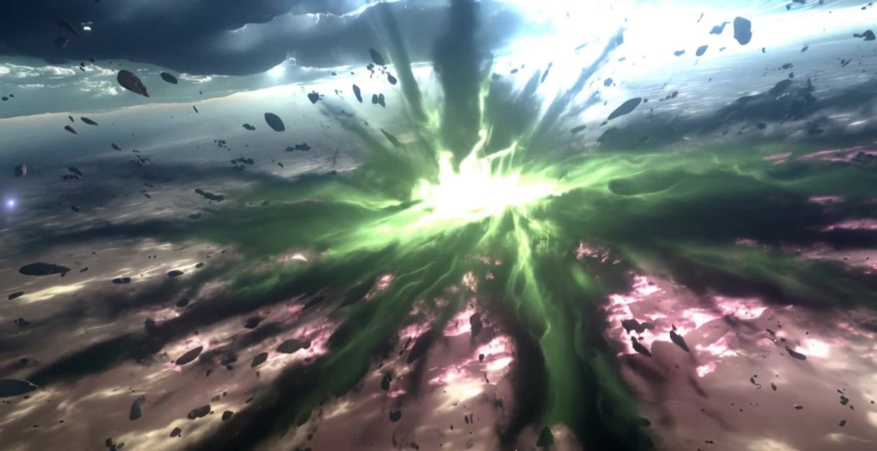 宇宙爆炸：绿色烟雾与陨石散落