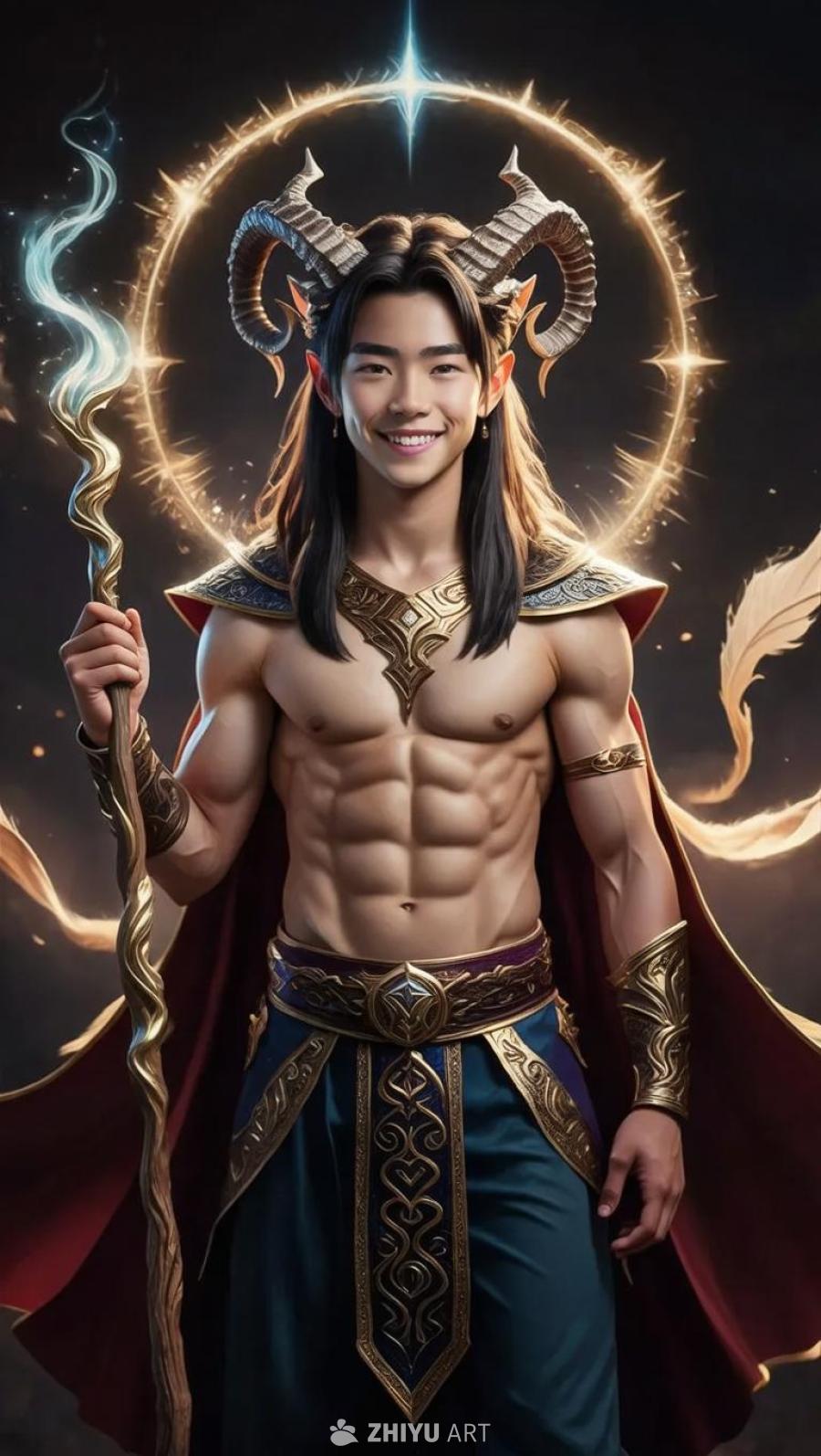 一个肌肉发达的男子，头上有龙角，手持法杖。他面带微