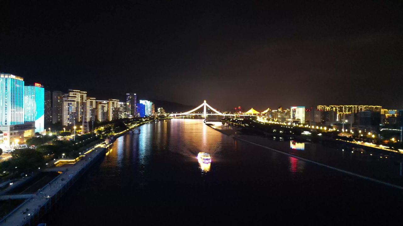 航拍福建福州闽江两岸夜景灯光