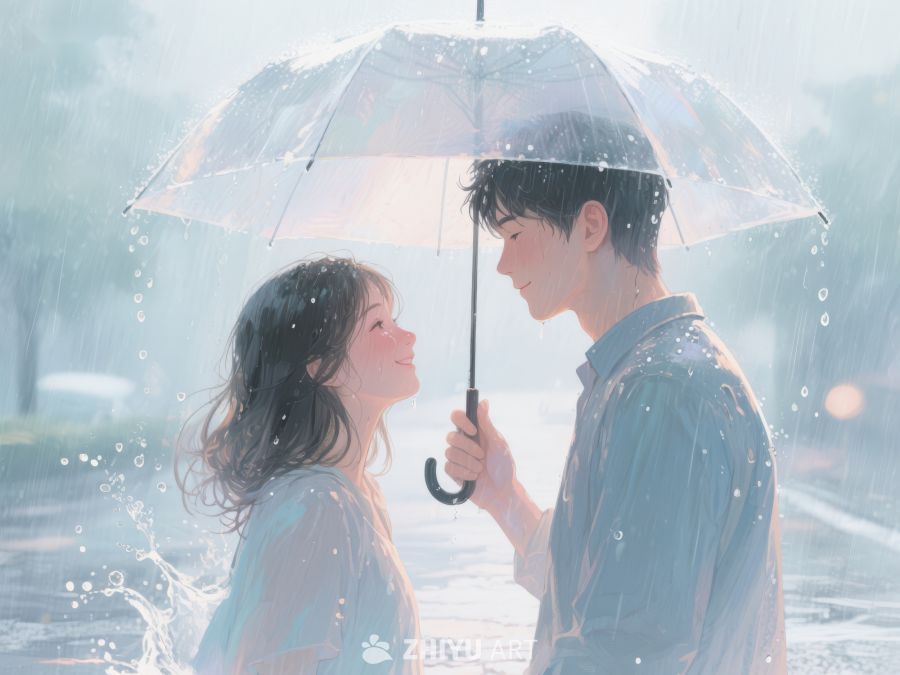 雨中伞下，两人相视而笑 1100